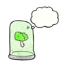 cartoon brain in jar with thought bubble N2