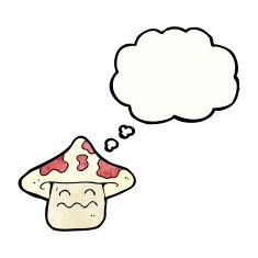 cartoon magic mushroom character with thought bubble N3