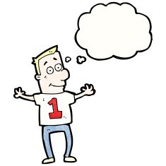 cartoon man with thought bubble wearting numbered shirt N5