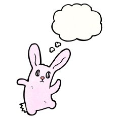 cartoon spooky pink rabbit with thought bubble N3