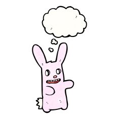 cartoon spooky pink rabbit with thought bubble N4