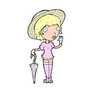 cartoon woman in summer hat waving N9