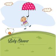 baby shower card with boy who lands on a meadow
