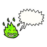cartoon green fire creature with speech bubble N7