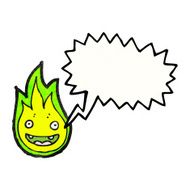 cartoon green fire creature with speech bubble N8