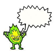 cartoon green fire creature with speech bubble N9