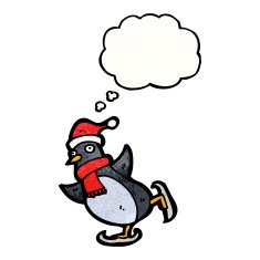 cartoon ice skating penguin with thought bubble N2