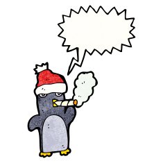 cartoon penguin in christmas hat smoking cigarette N4