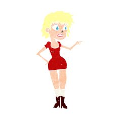 cartoon worried woman in dress pointing N12