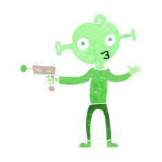 cartoon alien with ray gun N13