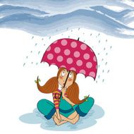 barefoot young girl sit down in the rain