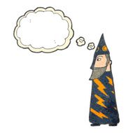 retro cartoon wizard with thought bubble