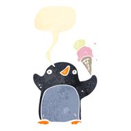 retro cartoon penguin with speech bubble and ice cream