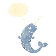 retro cartoon narwhal with thought bubble