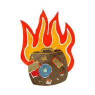 retro cartoon burning suitcase