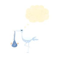 retro cartoon stork carrying baby