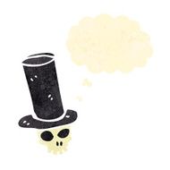 retro cartoon skull in top hat with thought bubble