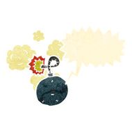 retro cartoon bomb character with speech bubble