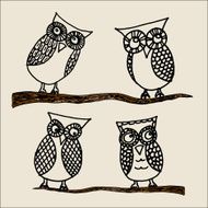 Four Different Owls Lineart Outlines on Colored Branches Tan Background