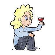 cartoon unhappy woman with glass of wine N13