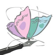 Butterfly sits on a ink pen Stock Vector