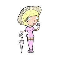 cartoon woman in summer hat waving N11