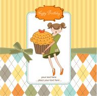 Happy Birthday card with girl and cup cake