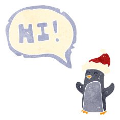 retro cartoon penguin saying hi