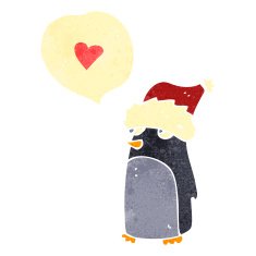 retro cartoon penguin wearing christmas hat