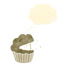 retro cartoon laughing cupcake with thought bubble
