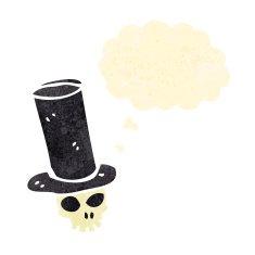 retro cartoon skull in top hat with thought bubble