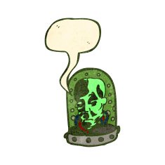 retro cartoon talking head in jar