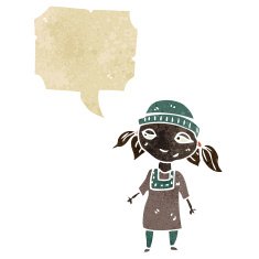 cartoon poor girl with speech bubble
