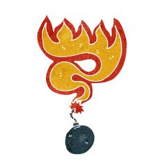 retro cartoon bomb symbol with burning fuse
