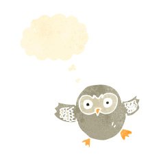 retro cartoon little owl with thought bubble