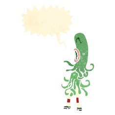 retro cartoon alien space monster with speech bubble N3