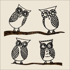 Four Different Owls Lineart Outlines on Colored Branches Tan Background