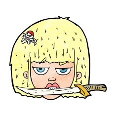 cartoon woman holding knife between teeth N12