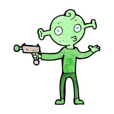 cartoon alien with ray gun N14