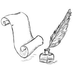 vector sketch illustration - scroll pen and inkwell