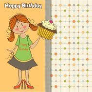 birthday greeting card with girl and big cupcake N4