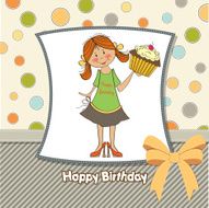 birthday greeting card with girl and big cupcake N5