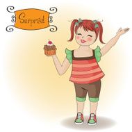 birthday greeting card with girl and big cupcake N9