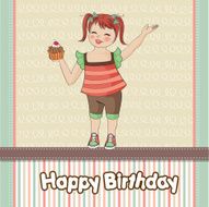 birthday greeting card with girl and big cupcake N10