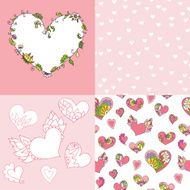 Set of romantic seamless patterns and cute heart