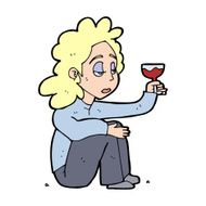 cartoon unhappy woman with glass of wine N14