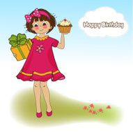 birthday greeting card with girl and big cupcake N17