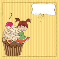 birthday card with funny girl perched on cupcake