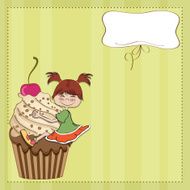 birthday card with funny girl perched on cupcake N2