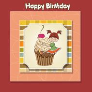 birthday card with funny girl perched on cupcake N3